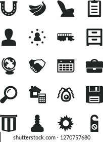 Solid Black Vector Icon Set - woman vector, car child seat, estimate, nightstand, bananas, portfolio, hand shake, wall calendar, floppy, zoom, bactery, globe, clipboard, pawn, pennant flag, luck