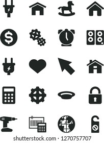 Solid Black Vector Icon Set - heart symbol vector, house, small rocking horse, drill, calculation, home, lock, alarm clock, plate, plug, electric, gear, gears, planet, dollar, calculator, pc speaker