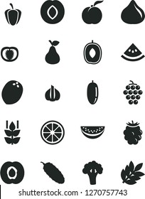 Solid Black Vector Icon Set - cucumber vector, pear, mint, ripe peach, half apricot, large grape, plum, fig, blackberry, delicious, water melon slice, date fruit, juicy lemon, coconut, of, tomato