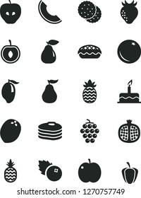 Solid Black Vector Icon Set - cake vector, apple pie, blueberries, a pineapple, biscuit, pancakes, orange, half pomegranate, large grape, pear, tasty, strawberry, slice of melon, mango, cherry