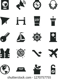 Solid Black Vector Icon Set - earth vector, sail boat, taxi, hang glider, airport tower, escalator, rope barrier, passort control, passport, plane, uv cream, hawaii wreath, disco ball, medical room