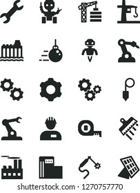 Solid Black Vector Icon Set - tower crane vector, workman, big core, cogwheel, measuring tape, plummet, spatula, modern gas station, hydroelectricity, industrial building, welding, robot welder