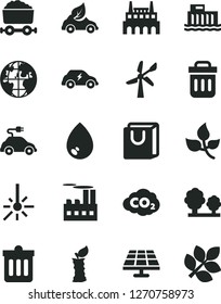 Solid Black Vector Icon Set - dust bin vector, drop, bag with handles, apple stub, solar panel, leaves, wind energy, hydroelectric station, trees, industrial building, factory, eco car, electric