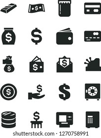 Solid Black Vector Icon Set - dollar vector, strongbox, jam, reverse side of a bank card, front the, column coins, denomination, get wage, wallet, money, cashbox, gold bar, bag hand, coin, mail, atm