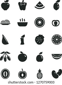 Solid Black Vector Icon Set - Onion Vector, Hot Porridge, Peper, Garlic, Strawberries, A Pineapple, Red Apple, Goji Berry, Half Melon, Water Slice, Cherry, Of Kiwi, Sour Lime, Orange, Delicious