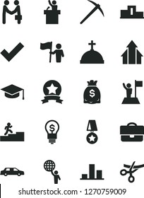 Solid Black Vector Icon Set - check mark vector, square academic hat, portfolio, chart, dollars, pedestal, carrer stairway, man hold world, growth arrows, with flag, star medal, ribbon, mine axe