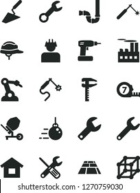 Solid Black Vector Icon Set - repair key vector, dwelling, big core, trowel, concrete mixer, small tools, cordless drill, long meashuring tape, siphon, helmet, paving slab, industrial building, gas