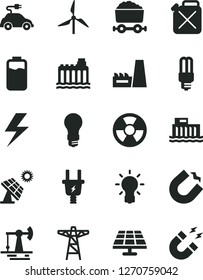 Solid Black Vector Icon Set - lightning vector, charge level, solar panel, big, working oil derrick, windmill, light bulb, hydroelectric station, hydroelectricity, power pole, electric plug, mercury