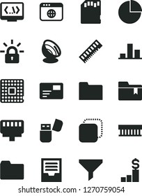 Solid Black Vector Icon Set - folder vector, pie chart, archive, bookmark, pass card, copy, processor, filter, radiator fan, memory, usb flash, browser, coding, lan connector, sd, encrypting