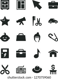 Solid Black Vector Icon Set - scissors vector, briefcase, keyboard, hat, bedside table, open pin, accessories for a hairstyle, funny hairdo, winter, window, portfolio, dangers, home, star, retro car