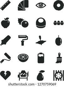 Solid Black Vector Icon Set - paint roller vector, yardstick, baby bib, small yule, concrete mixer, new, sample of colour, wooden brush, broken heart, eye, bundle eggs, blueberries, pear, red apple
