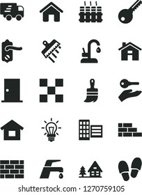 Solid Black Vector Icon Set - house vector, dwelling, brickwork, brick wall, wooden paint brush, key, door knob, ntrance, city block, tile, spatula, radiator, faucet mixer, kitchen, light bulb