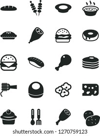 Solid Black Vector Icon Set - baby bib vector, iron fork spoons, piece of cheese, loaf, fried vegetables on sticks, big burger, noodles, muffin, cake with a hole, pie, porridge in saucepan, thigh