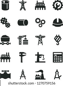 Solid Black Vector Icon Set - tower crane vector, hook, construction helmet, gear, valve, factory, power line, pole, industrial, enterprise, gears, pipe, pipes, Measuring compasses, calipers, three