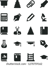 Solid Black Vector Icon Set - clip vector, calculator, book, stacking rings, toy, e, abacus, notebook, flask, pencil, text highlighter, on statistics, microscope, scientist, graduate hat, ink pen