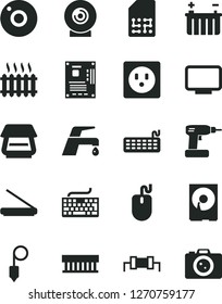 Solid Black Vector Icon Set - camera vector, keyboard, cordless drill, plummet, faucet mixer, lens, battery, socket, SIM, cast iron radiator, fan, mouse, motherboard, monitor, hdd, scanner, resistor