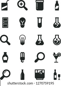 Solid Black Vector Icon Set - magnifier vector, zoom, e, interroom door, bulb, a glass of tea, cocktail, jam, bottle, liquor, flask, mercury light, test tube, wine