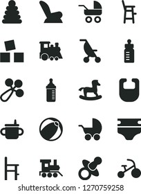 Solid Black Vector Icon Set - dummy vector, mug for feeding, bottle, measuring, diaper, bib, baby rattle, car child seat, stroller, carriage, summer, bath ball, stacking rings, a chair, toy train