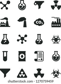 Solid Black Vector Icon Set - round flask vector, manufacture, factory, oil, industrial building, radiation, carbon dyoxide, filter, water, research article, test tube, molecule, nuclear, biohazard