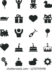 Solid Black Vector Icon Set - heart symbol vector, rubber duck, baby duckling, teddy bear, children's train, balloon, cake, gift, slice, torte, birthday, Chupa Chups, man hold world, hands up, sun