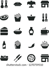 Solid Black Vector Icon Set - plastic fork spoons vector, iron, coffee, pizza, piece of cake, pie, a bowl rice porridge, in saucepan, lettuce plate, bacon, barbecue, French fries, bottle, liquor