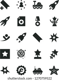 Solid Black Vector Icon Set - add bookmark vector, star gear, rocket, lunar rover, bang, cup, reward, medal, certificate, stars around man, three, flying, disco ball, starfish