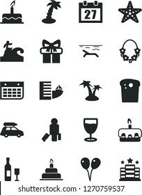 Solid Black Vector Icon Set - daily calendar vector, colored air balloons, cake, birthday, Easter, torte, glass, wall, gift, wine, car baggage, passenger, hotel, beach, palm tree, hawaii wreath