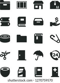 Solid Black Vector Icon Set - book vector, open pin, books, window frame, ntrance door, umbrella, folder, drawer, cardboard box, 24, package, canned goods, half of coconut, kiosk, get a wage