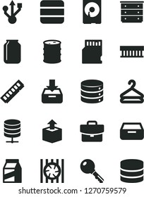 Solid Black Vector Icon Set - chest of drawers vector, key, big data, server, suitcase, put in a box, drawer, package, hanger, unpacking, barrel, jar, radiator fan, memory, hdd, usb, sd card