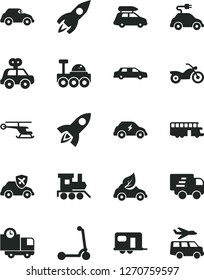 Solid Black Vector Icon Set - motor vehicle present vector, baby toy train, child Kick scooter, delivery, eco car, electric, transport, retro, autopilot, rocket, Express, lunar rover, helicopter