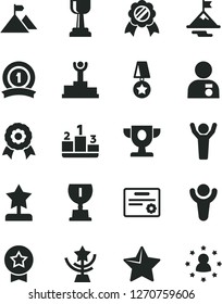 Solid Black Vector Icon Set - star vector, pedestal, medal, winner, podium, prize, award, gold cup, reward, man hands up, with, motivation, mountain flag, ribbon, certificate, stars around