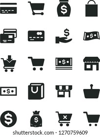 Solid Black Vector Icon Set - paper bag vector, bank card, put in cart, crossed, with handles, cards, kiosk, shopping, basket, front of the, dollar, get a wage, money, dollars, cash