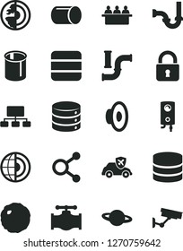 Solid Black Vector Icon Set - loudspeaker vector, sewerage, boiler, lock, big data, planet, cabbage, valve, water pipes, autopilot, pipe, court hearing, connections, scheme, earth core, surveillance