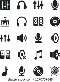Solid Black Vector Icon Set - desktop microphone vector, loudspeaker, silent mode, drumroll, headphones, music, CD, regulator, volume, no sound, pc speaker, note, settings, disco ball