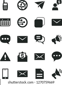 Solid Black Vector Icon Set - warning vector, envelope, scribbled paper, speech, smartphone, copy, loudspeaker, wall calendar, mobile phone, network, mail, dialog, plane, money