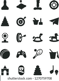 Solid Black Vector Icon Set - paper airplane vector, bath ball, stacking rings, toy, roly poly doll, sand set, children's, yule, rocking horse, small, box of bricks, joystick, cup, pawn, target, aim