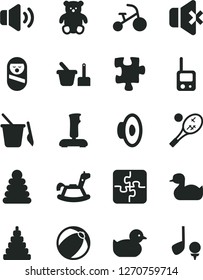 Solid Black Vector Icon Set - loudspeaker vector, rubber duck, baby duckling, bath ball, stacking rings, toy, roly poly doll, phone, sand set, children's, small teddy bear, rocking horse, tricycle