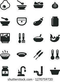 Solid Black Vector Icon Set - deep plate with a spoon vector, plates and spoons, plastic fork, iron, sink, siphon, kitchen faucet, bowl of rice porridge, in saucepan, lettuce, barbecue, chili, pan