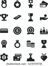 Solid Black Vector Icon Set - brick vector, cards, pedestal, coins, catch a coin, winner podium, prize, award, gold cup, star medal, with pennant, ribbon, hero, diamond ring, bar, dollar, gear