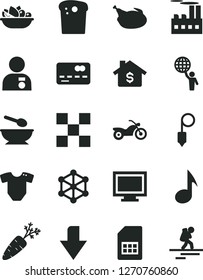 Solid Black Vector Icon Set - monitor window vector, downward direction, t short, deep plate with a spoon, tile, plummet, Easter cake, of fruit, chicken, carrot, industrial building, SIM card, note