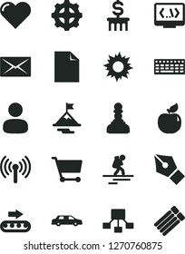 Solid Black Vector Icon Set - clean sheet of paper vector, heart, apricot, gear, production conveyor, cart, man, hierarchical scheme, keyboard, coding, wireless, mail, ink pen, pawn, motivation, sun