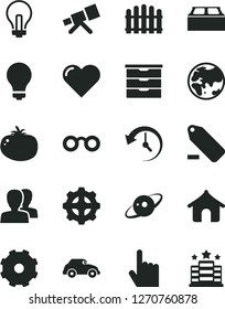 Solid Black Vector Icon Set - truck lorry vector, matte light bulb, incandescent lamp, women, remove label, storage unit, building block, hedge, heart, index finger, tomato, planet, gear, retro car