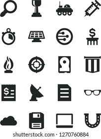 Solid Black Vector Icon Set - article on the dollar vector, notebook pc, hdd, network, floppy, magnifier, cloud, file, glasses, flame, sun panel, satellite antenna, lunar rover, syringe, stopwatch