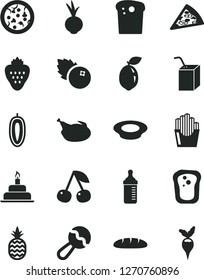 Solid Black Vector Icon Set - measuring bottle for feeding vector, beanbag, packing of juice with a straw, birthday cake, Easter, loaf, pizza, piece, plate milk, chicken, beet, fried potato slices