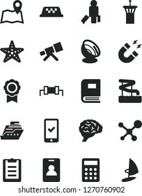 Solid Black Vector Icon Set - calculator vector, telescope, molecule, brain, book, magnet, clipboard, medal, satellite antenna, resistor, taxi, airport tower, identity card, passenger, aquapark, map