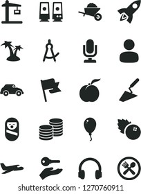 Solid Black Vector Icon Set - desktop microphone vector, roly poly doll, balloon, garden trolley, trowel, flag, coins, blueberries, ripe peach, Construction crane, retro car, man, headphones, rocket
