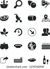 Solid Black Vector Icon Set - women vector, summer stroller, map, move right, bottom arrow, slices of onion, plate, bacon, sushi set, blueberries, leaves, pipe, metallurgy, aluminum radiator, planet