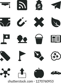 Solid Black Vector Icon Set - paper airplane vector, cross, add label, rss feed, pennant, nappy, bucket, book, move up, omelette, apple, leaf, trees, magnet, molecule, graduate hat, ink pen
