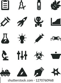 Solid Black Vector Icon Set - pan vector, flask, test tube, microscope, electricity, bulb, settings, biohazard, clipboard, drawing compass, growth graph, robot, rocket, lunar rover, biology, syringe