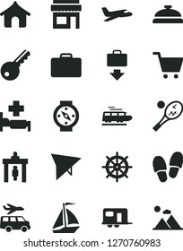 Solid Black Vector Icon Set - plane vector, train, camper, sail boat, hang glider, security gate, suitcase, getting baggage, boungalow, hospital bed, tennis, transfer, key, store, cart, handwheel